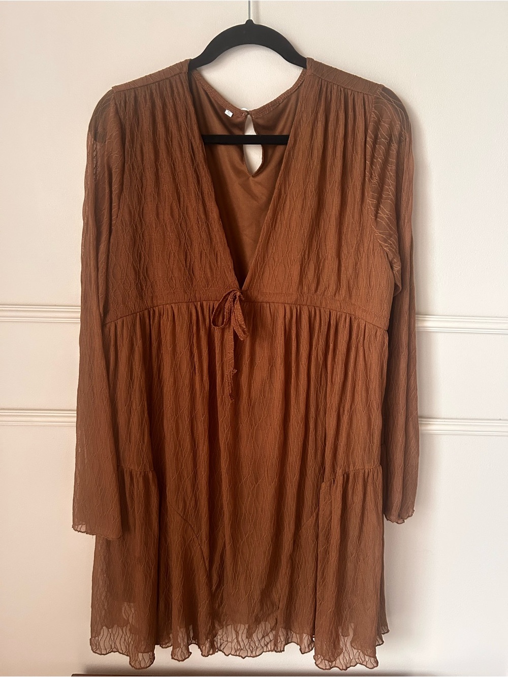 Brown Long-Sleeve V-Neck Tiered Dress